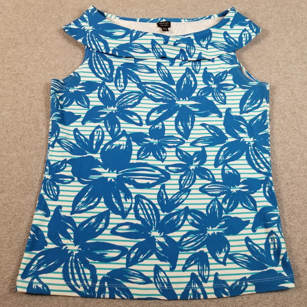 Rafaella Top Womens M Medium Blue White Floral Stripe Boat Neck Sleeveless Knit